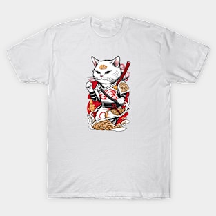 cute samurai white cat kitten japan T-Shirt